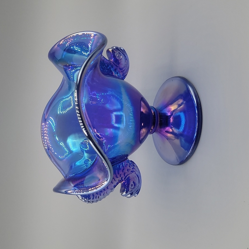 Fenton Double Dolphins Koi Carnival Glass Cobalt Blue Candy Dish Vintage